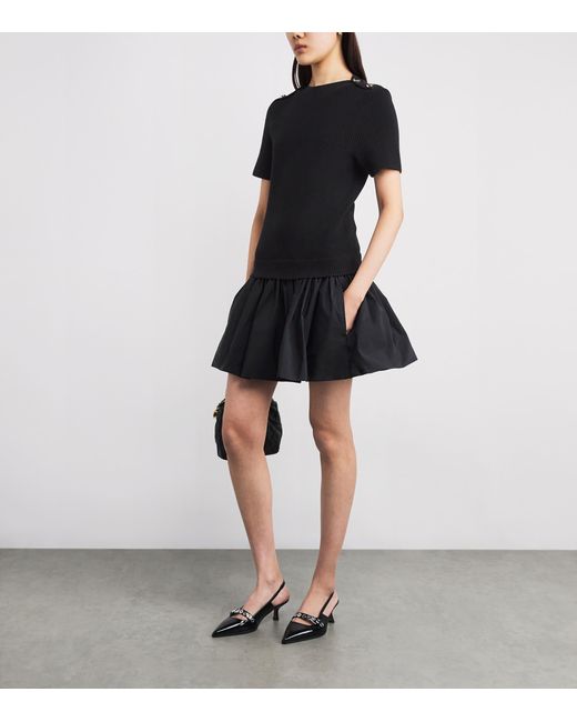 Maje Black Cotton-Blend Rib Knit And Taffeta Mini Dress