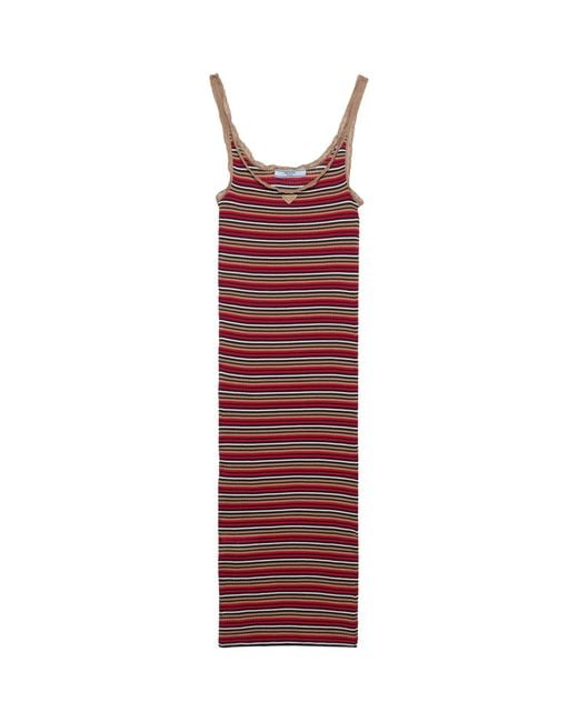 Prada Red Cotton Stripe Midi Dress