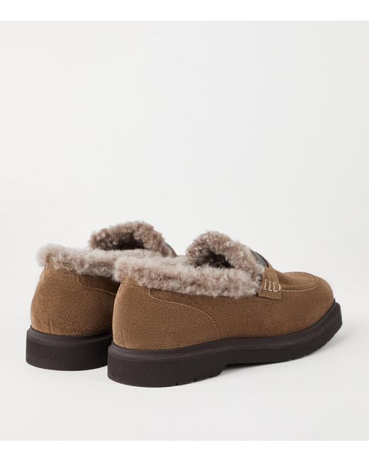 Brunello Cucinelli Brown Suede Shearling-Lined Penny Loafers