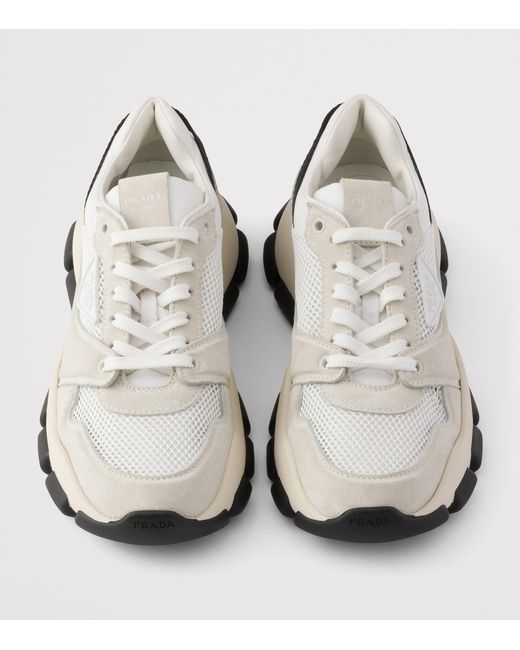 Prada White Mesh Fabric And Suede Sneakers