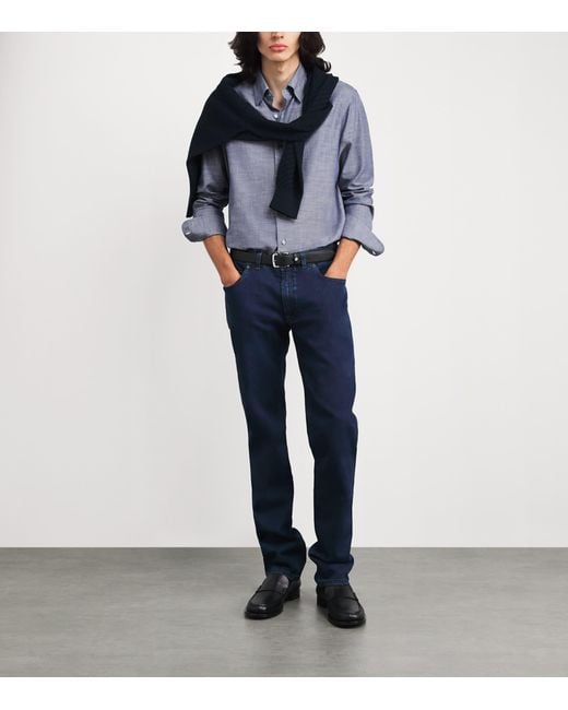 Brioni Blue Cotton Point Collar Shirt for men
