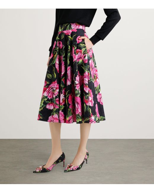 Dolce & Gabbana Multicolor Cotton-Blend Peony Print Midi Skirt