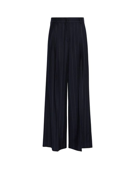 Weekend by Maxmara Blue Stretch-Virgin Wool Pinstripe Wide-Leg Trousers