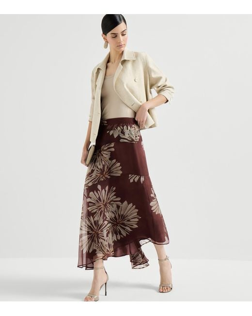 Brunello Cucinelli Brown Silk Floral Midi Skirt