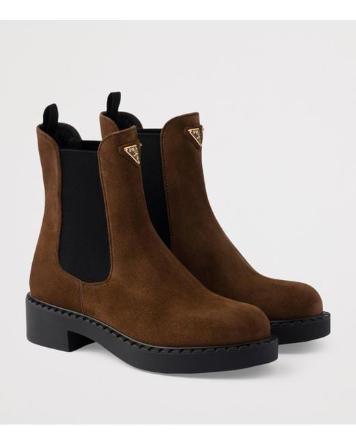 Prada Brown Suede Triangle Chelsea Boots