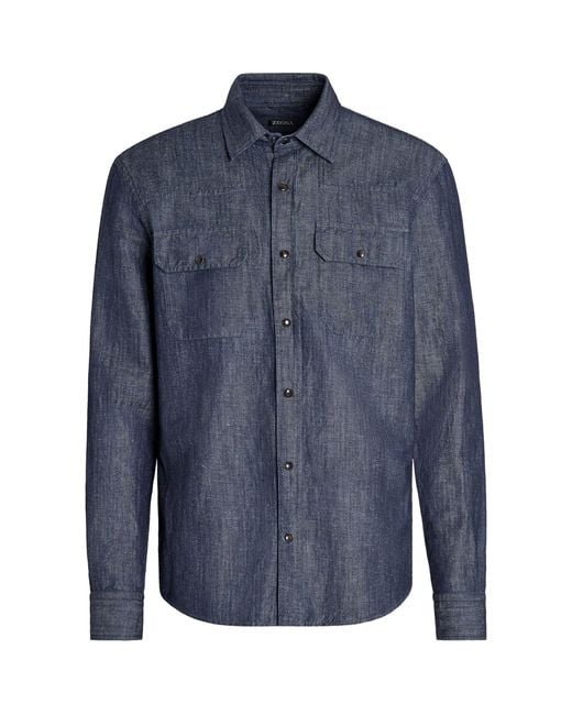 Zegna Blue Washed Cotton-linen Denim Long-sleeve Shirt for men