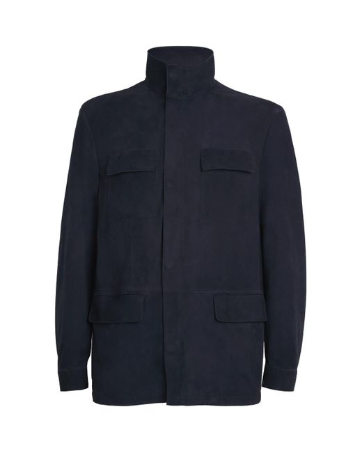 Giorgio Armani Blue Suede Funnel-Neck Jacket for men