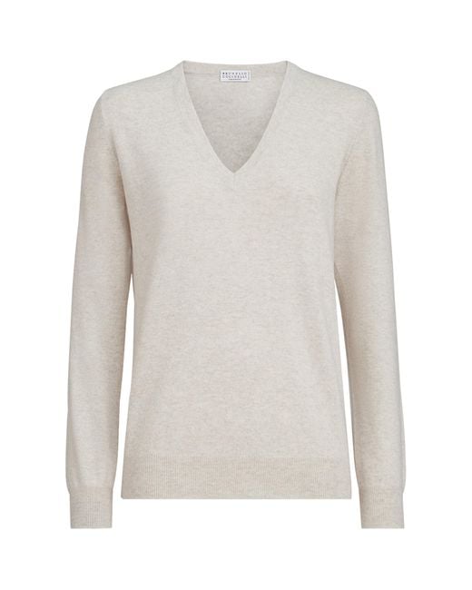Brunello Cucinelli White Cashmere Monili-Detail Sweater