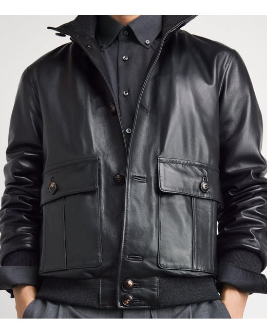 Pal Zileri Black Lambskin Button-Up Bomber Jacket for men
