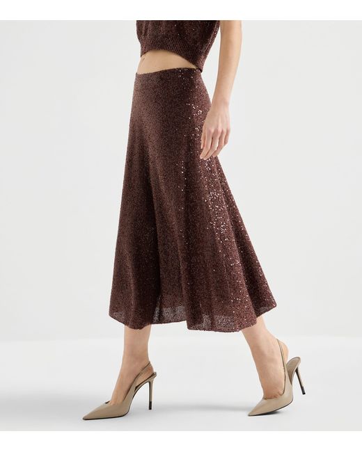 Brunello Cucinelli Brown Linen-Cashmere-Silk Midi Skirt