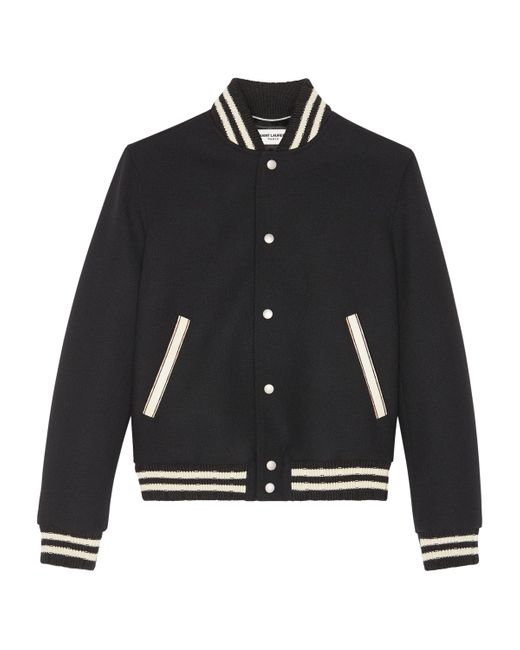 Saint Laurent Black Wool-Rich Logo Bomber Jacket for men