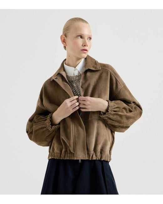 Brunello Cucinelli Brown Suede Bomber Jacket