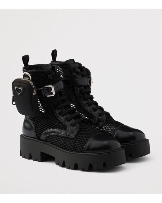 Prada Black Mesh And Leather Monolith Boots With Pouch