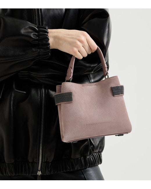 Brunello Cucinelli Purple Small Suede Essence Top-Handle Bag