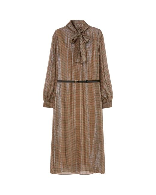 Marina Rinaldi Brown Silk-Blend Metallic Tartan Midi Dress