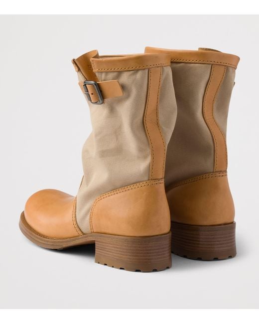 Prada Brown Leather-Canvas Mid-Calf Boots 30