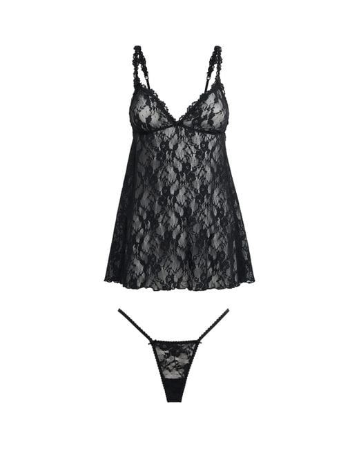Skims Black Stretch Lace Babydoll And Thong Set