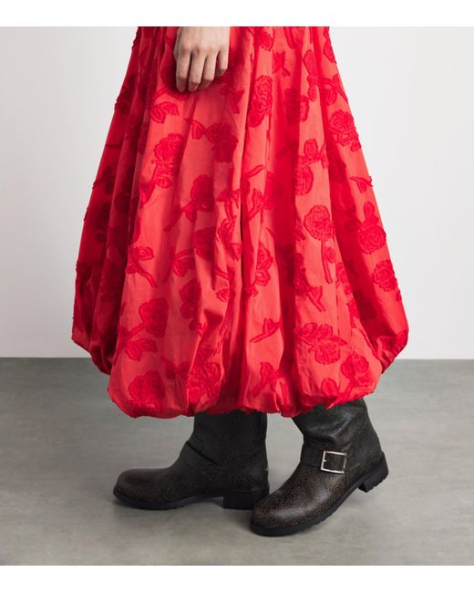 Ganni Red Floral Bubble-Hem Midi Dress