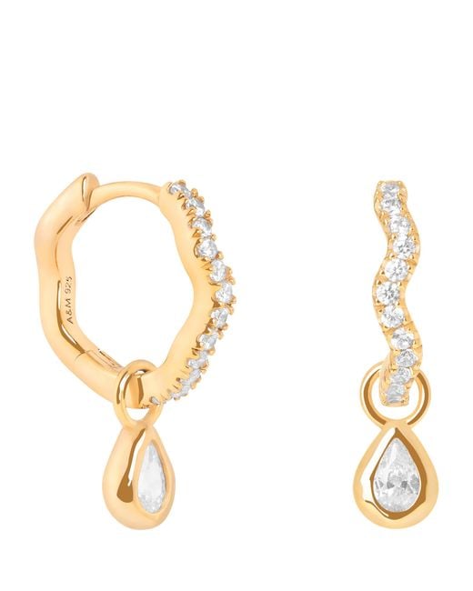 Astrid & Miyu Metallic Plated Sterling And Cubic Zirconia Ripple Pear Huggie Earrings