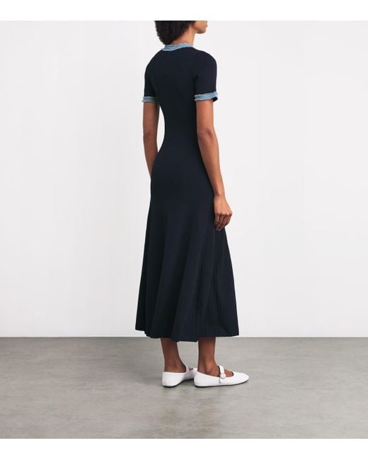 Sandro Blue Denim-Trim Alecia Knitted Midi Dress