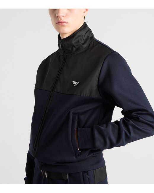 Prada Blue Cotton-Blend Fleece Bomber Jacket for men