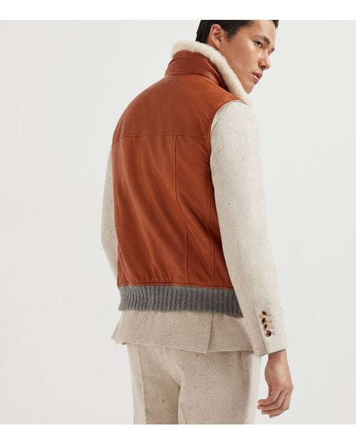 Brunello Cucinelli Brown Leather Shearling-Trim Padded Gilet for men