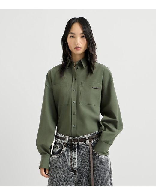 Brunello Cucinelli Green Virgin Wool-Blend Monili-Tab Shirt