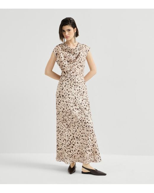 Brunello Cucinelli Natural Silk Pongee Lynx Print Maxi Dress