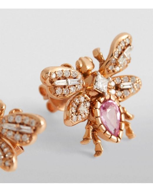BeeGoddess Metallic Rose Gold, Diamond And Pink Sapphire Honey Bee Earrings