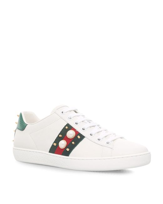 Gucci White Ace Pearl And Stud-Detail Leather Trainers