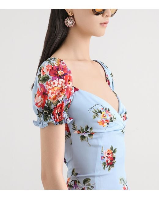 Dolce & Gabbana Blue Silk-Blend Bouquet Print Midi Dress