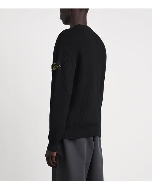 Stone Island Black Cotton Rib-Knit Compass Sweater for men