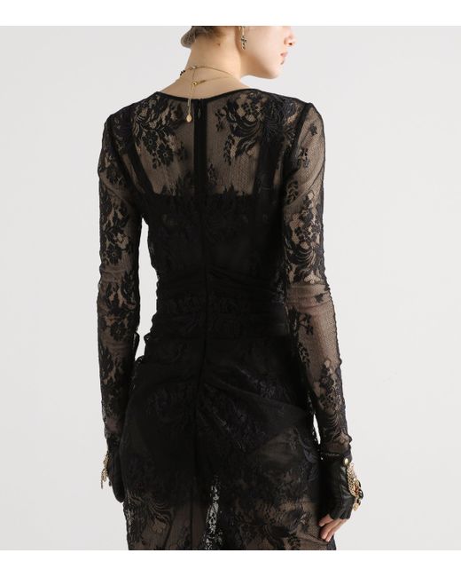 Dolce & Gabbana Black Lace Gathered Midi Dress