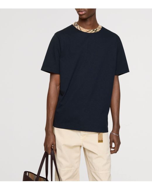 Burberry Blue Cotton Check-Neckline T-Shirt for men