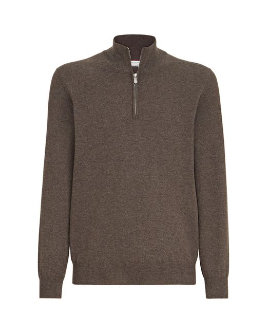 Brunello Cucinelli Brown Cashmere Quarter-Zip Sweater for men