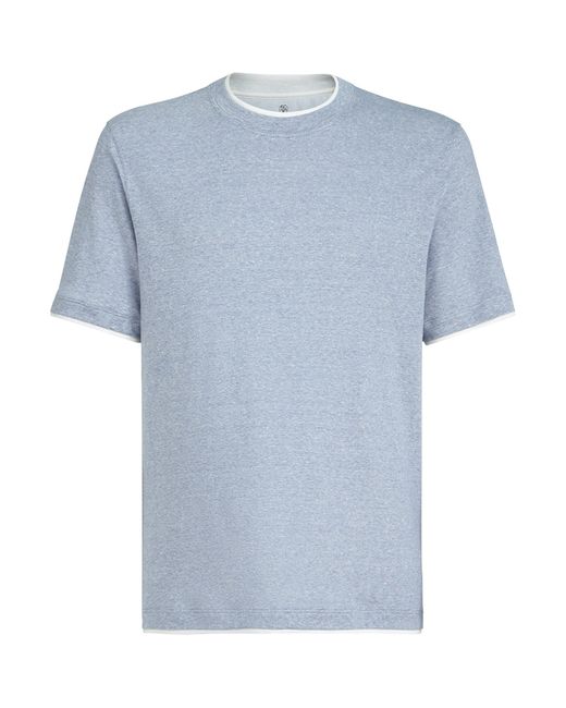 Brunello Cucinelli Blue Linen-Cotton Faux-Layered T-Shirt for men