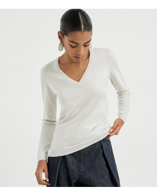 Brunello Cucinelli Gray Cashmere-Silk-Blend V-Neck Sweater