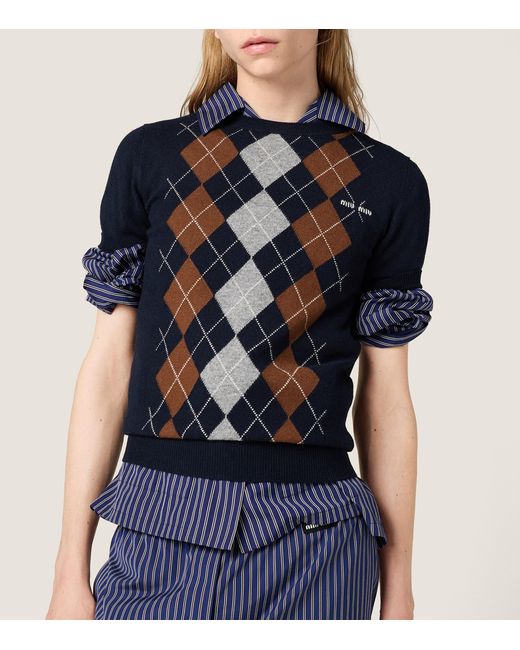 Miu Miu Blue Cashmere Argyle Sweater