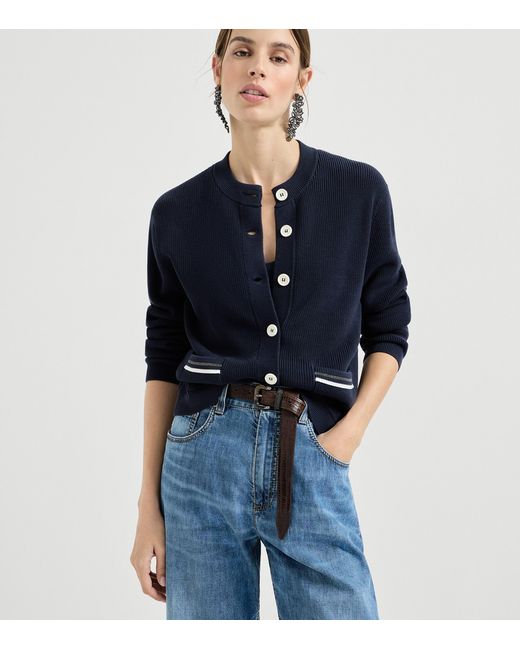 Brunello Cucinelli Blue Cotton Monili-Trim Cardigan