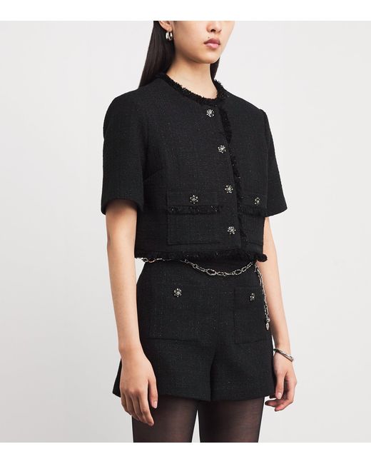 Maje Black Tweed Rhinestone-Embellished Jacket