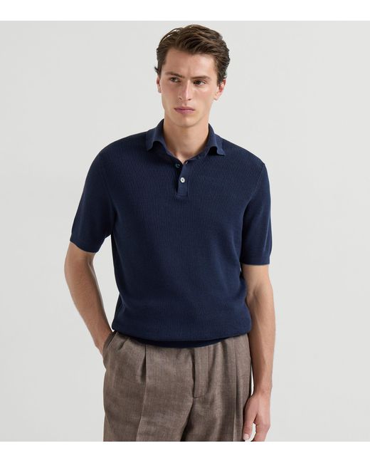 Brunello Cucinelli Blue Cotton Rib-Knit Polo Shirt for men