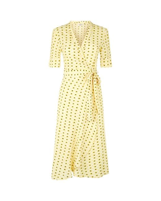 Ganni Yellow Floral Crêpe Midi Wrap Dress