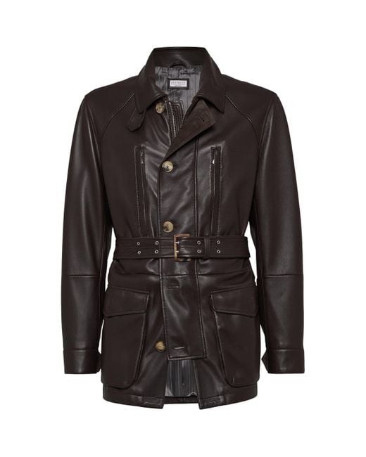 Brunello Cucinelli Black Nappa Leather Overcoat for men