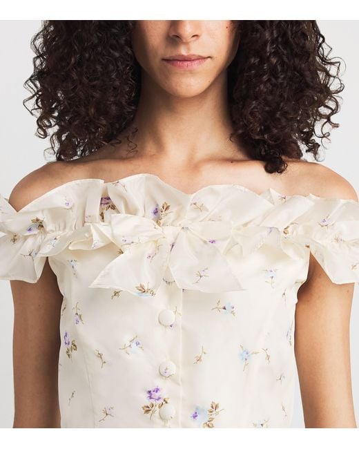Alessandra Rich White Off-The-Shoulder Floral Midi Dress