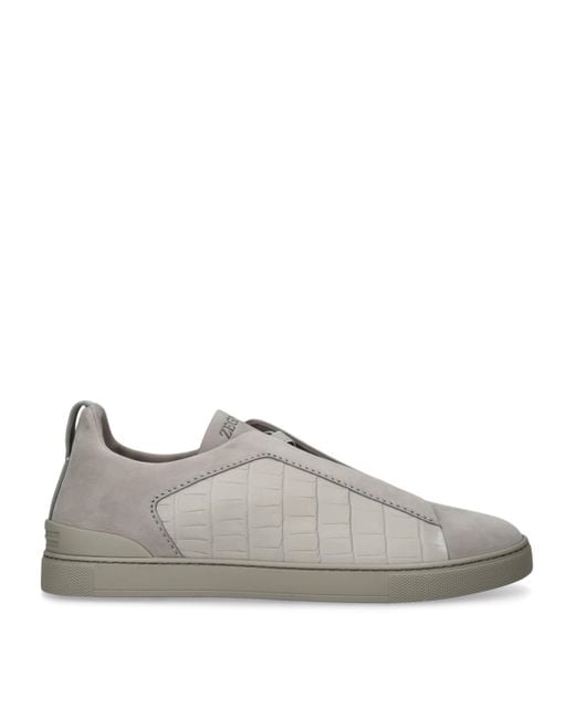 Zegna Gray Crocodile Leather Triple Stitch Secondskin Sneakers for men