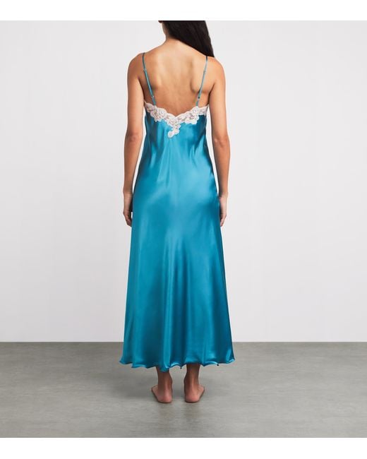 Loretta Caponi Blue Silk Lace-Detail Giadeite Nightdress