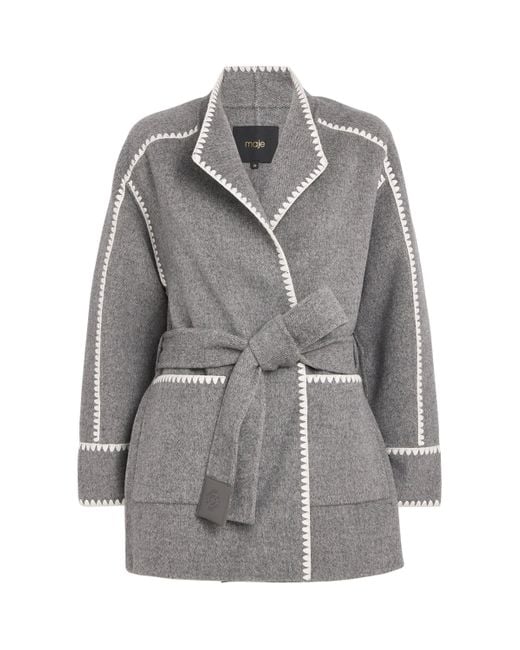 Maje Gray Wool-Blend Wrap Coat