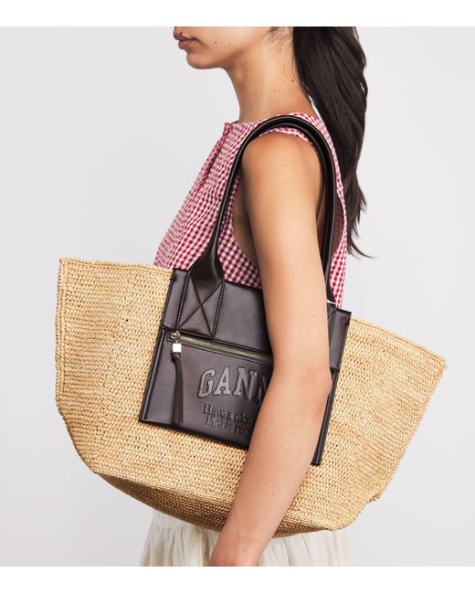 Ganni Brown Medium Raffia-Leather Tote Bag