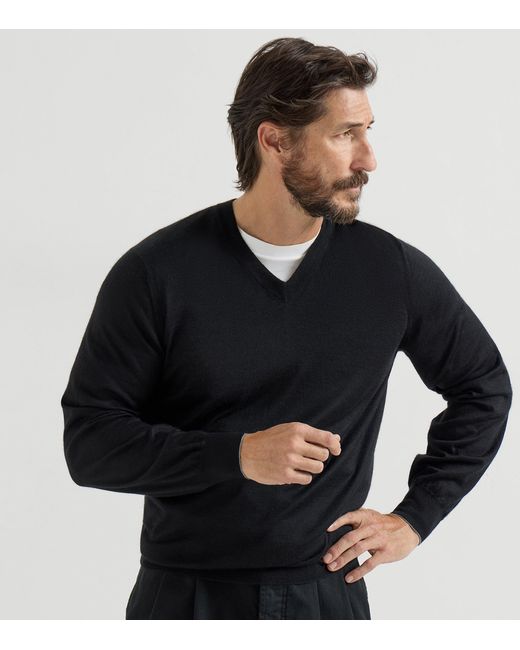 Brunello Cucinelli Black Cashmere-Silk V-Neck Sweater for men