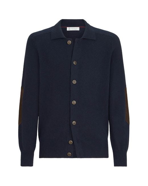 Brunello Cucinelli Blue Cashmere Suede-Trim Cardigan for men